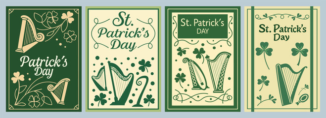 Vibrant St Patrick's Day Card Collection Featuring Harps Shamrocks and Festive Green Cream Designs Perfect for Celebrating the Holiday in Style