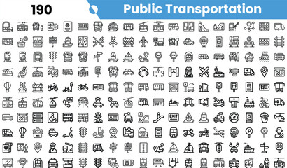 A comprehensive collection of public transportation icons, showcasing various modes and related elements. © Sk Sa
