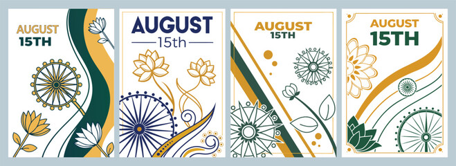 Artistic Poster Collection Celebrating August 15th Floral Designs and Intricate Wheel Patterns Merging Modern and Traditional Aesthetics in Four Unique Cards