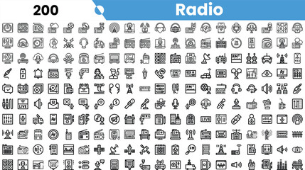 A diverse collection of radio-themed icons, showcasing various elements of broadcasting and audio media.