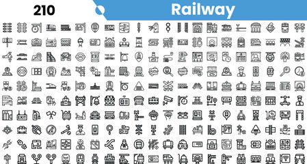 A collection of railway-themed icons, featuring various train signals, tracks, and transportation elements in a clean, monochrome design. © Sk Sa