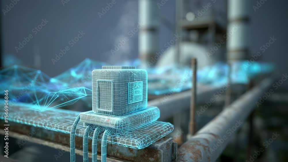 Poster holographic projections of a futuristic device displayed on an industrial platform highlight the int