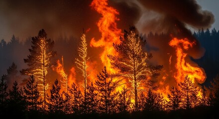 Forest Fire Blazing Through Trees at Night