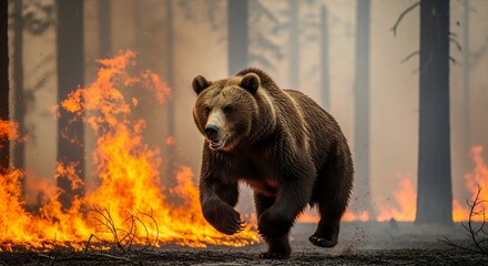Brown Bear Escaping Wildfire in Forest