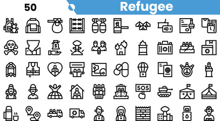 A collection of icons symbolizing various aspects of the refugee experience, from aid to transportation and shelters.
