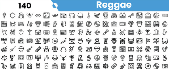 A vibrant collection of reggae-themed icons, showcasing musical instruments, symbols of peace, and cultural elements in black and white.