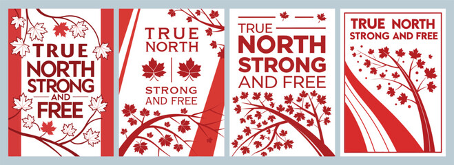 True North Strong and Free Artistic Poster Collection with Maple Leaf Illustrations and Vibrant Patterns Celebrating Canadian Spirit and Heritage
