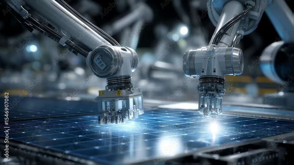 Aufkleber two robotic arms are working on a solar panel, performing precise assembly tasks in a modern automat