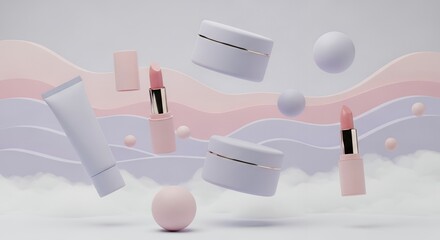 Floating Cosmetic Products on Pastel Background with Abstract Waves and Clouds