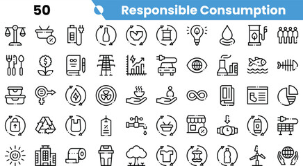 A collection of icons symbolizing responsible consumption, featuring images representing sustainability, recycling, and conservation.