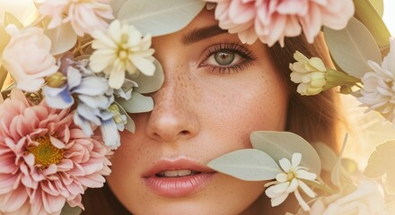 Natural Beauty Portrait Framed by Vibrant Flowers in Golden Light