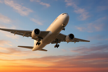 Majestic Airplane Soaring Through Sunset Skies A Breathtaking Aerial View