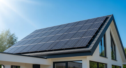 House rooftop covered with solar panels under a clear blue sky on a sunny day at daytime view
