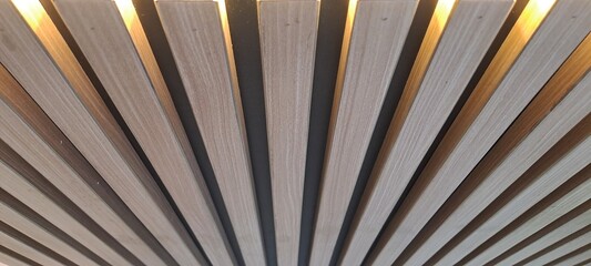 Geometric Wooden Ceiling: A mesmerizing shot of an abstract architectural wooden ceiling, with dynamic linear beams converging towards the center.