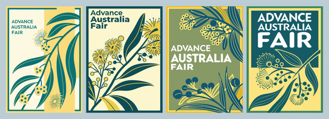 Vibrant Illustrations of Advance Australia Fair Showcasing Australian Flora in Green and Yellow Botanical Motifs Stunning Poster Designs