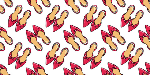 Seamless pattern with cartoon pink slingback heels and bow. Woman elegant shoes. Cartoon vector background.