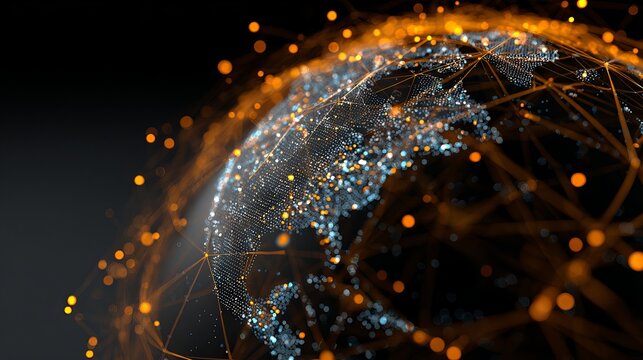 Abstract Digital Globe Network Connection Futuristic Orange Blue Technology Global World Map Data Visualization Internet Communication Digital Art Background Image dark lines style - Powered by Adobe