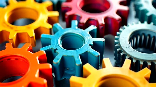 Colorful gears interlock in a complex mechanism