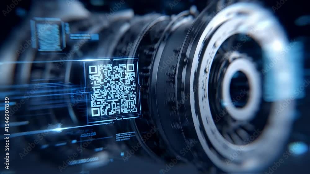 Poster futuristic machinery integrating advanced qr code technology enhances automation and data management