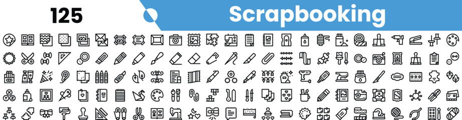 A diverse collection of black and white scrapbooking icons, featuring various tools, decorations, and themes for creative projects.