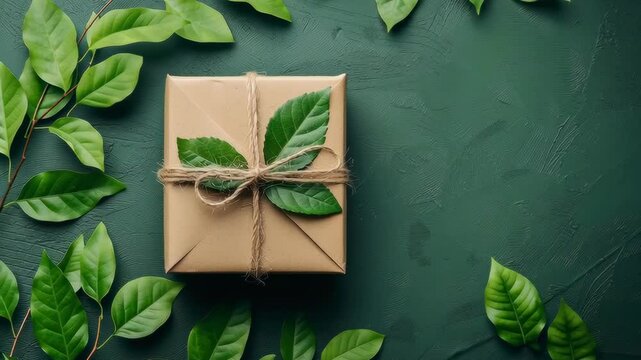 Sustainable gift box wrapped in brown paper and twine, decorated with green leaves, surrounded by natural foliage and pinecone.