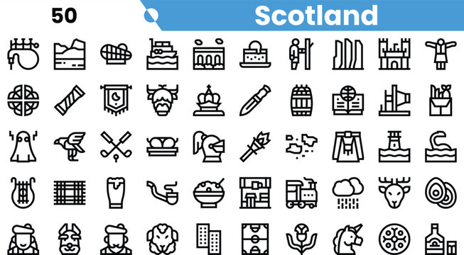 A diverse collection of iconic Scottish symbols and landmarks in a minimalist line art style, featuring castles, Lochs, and cultural elements.