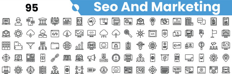 A comprehensive collection of SEO and marketing icons, featuring various tools and analytics in a clean, minimalist style.