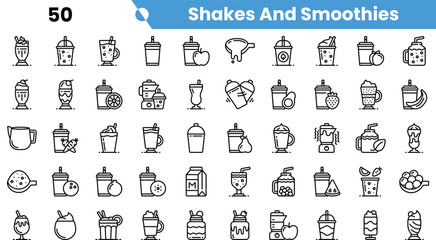 A vibrant collection of simple line icons featuring shakes and smoothies in various styles and flavors.