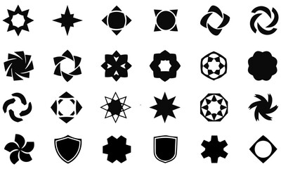Geometric Abstract Black Logos and Icons Set, A collection of twenty-four distinct black abstract geometric shapes and icons, suitable for modern branding or design elements.


