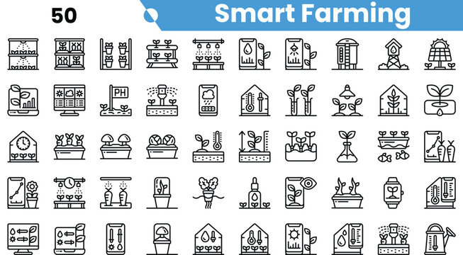 A collection of minimalist line icons showcasing various aspects of smart farming, including modern agricultural technology and plant care.