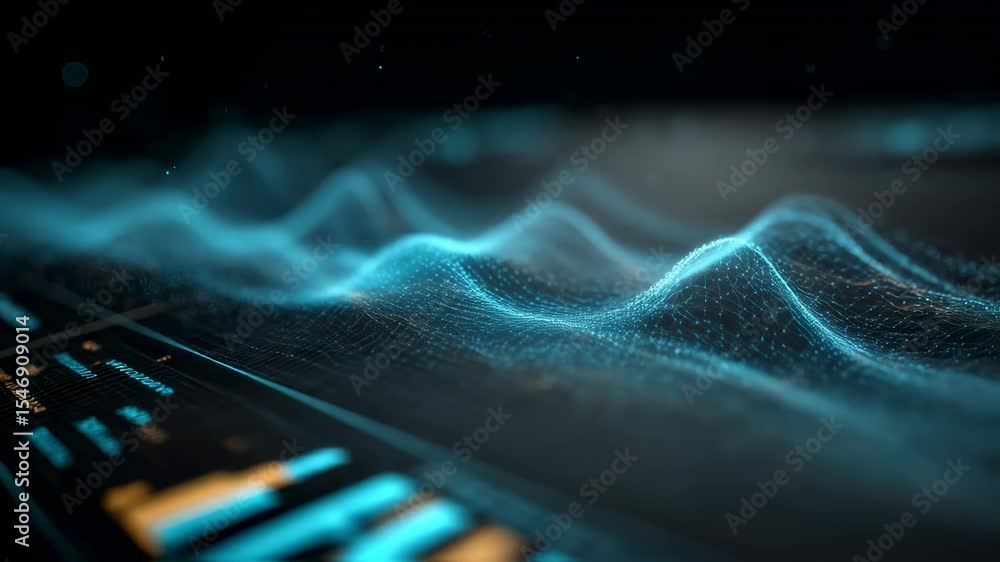 Aufkleber futuristic blue digital wave flowing over a panel displaying data and information, representing inno