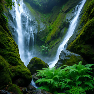 tropical rainforest waterfall, capturing the mystic moss-covered rocks and lustful ferns under the cascade