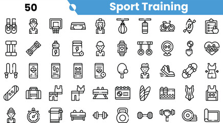 A collection of minimalist icons representing various aspects of sport training, ideal for fitness enthusiasts and professionals.