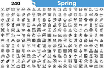 A diverse collection of spring-themed icons featuring nature, gardening, and seasonal motifs in a clean black and white design.