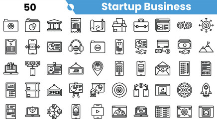 A diverse collection of monochrome icons representing various aspects of startup business, including finance, technology, and teamwork.