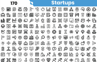 A diverse collection of black and white icons representing various aspects of startups, including finance, technology, and teamwork.