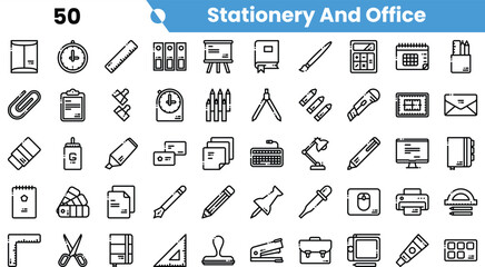 A collection of office and stationery icons in a minimalist, monochrome design, featuring tools for organization and productivity.
