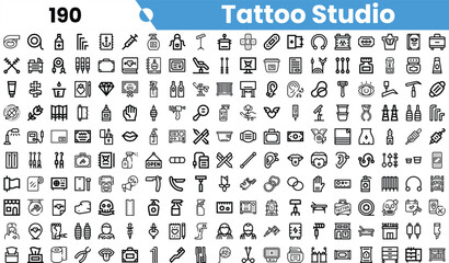 A diverse collection of tattoo studio icons, showcasing various tools, designs, and elements associated with tattoo artistry.