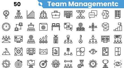 A collection of minimalist line icons depicting various aspects of team management, including communication, productivity, and analysis.