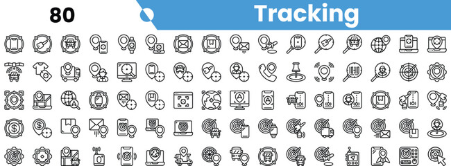 A collection of tracking-related icons in black and white, representing technology and analytics with a modern design.