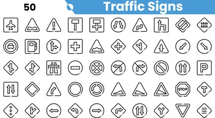 A collection of various traffic signs including directional, warning, and regulatory signs depicted in a minimalist black and white style.