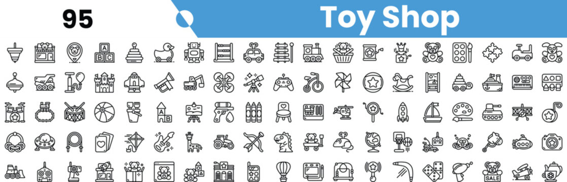 A vibrant collection of toy shop icons featuring various toys and games in a playful design.
