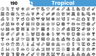 A vibrant collection of tropical-themed icons featuring palm trees, cocktails, and beach elements in a sleek black and white design.