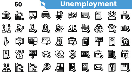 A diverse set of icons representing various aspects of unemployment, illustrating concepts such as job searching, financial assistance, and economic trends.