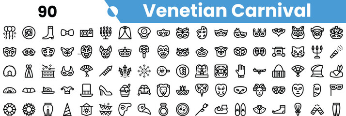 A vibrant collection of icons representing the iconic Venetian Carnival, featuring masks, costumes, and festive elements.