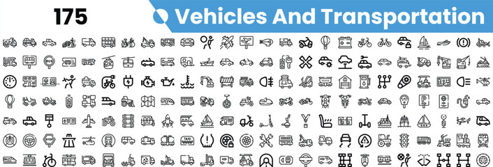 A diverse collection of black and white icons representing various vehicles and modes of transportation.