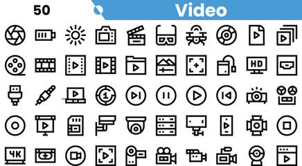 A collection of various video-related icons, featuring symbols for playback, recording, and media formats in a sleek, minimalist design.