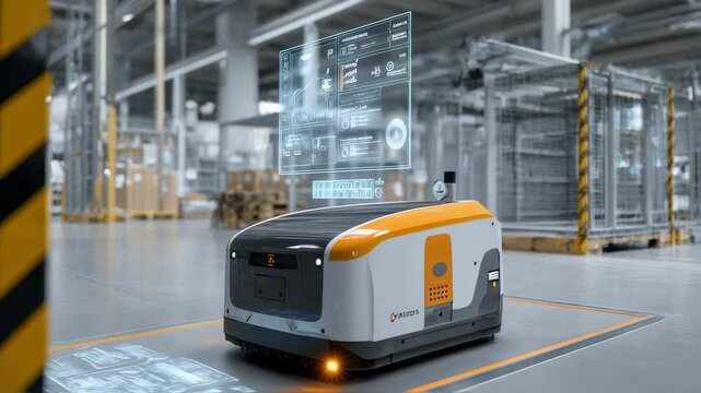 Autonomous mobile robot - amr - is transporting goods in a modern warehouse, showcasing automation, innovation, and efficiency in logistics and supply chain management