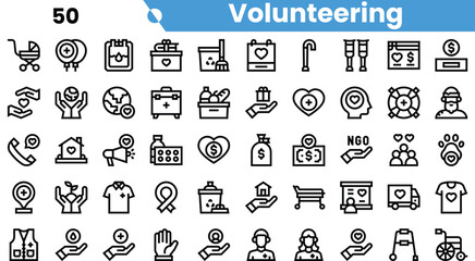 A diverse collection of volunteering icons representing community service, charity events, and humanitarian efforts.