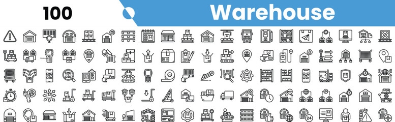 A comprehensive set of warehouse icons representing various storage and logistics elements.